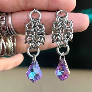 Handmade maille dangly stainless steel earrings purple rainbow austrian crystals